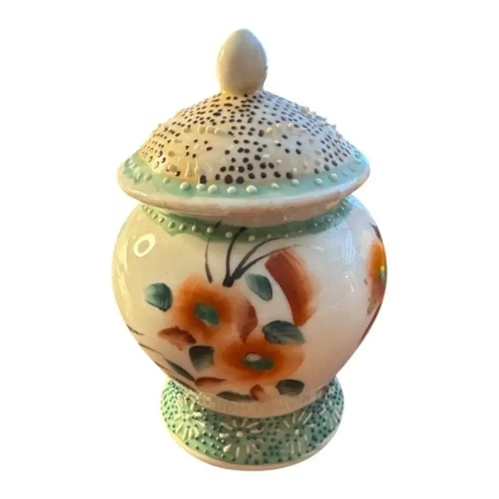 Small Vintage Orange Green Floral Raised Dots 5” Ginger Jar